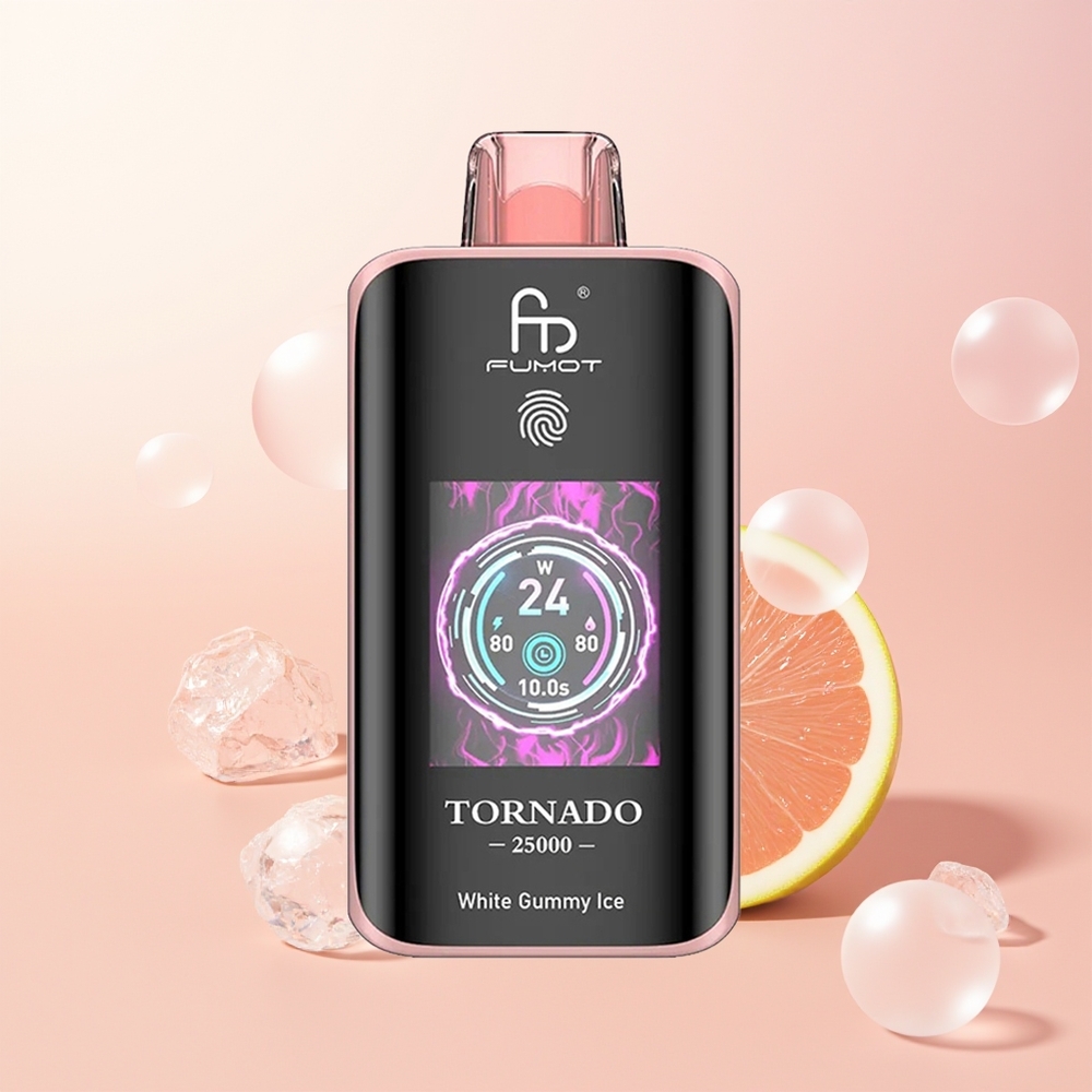 Fumot Tornado 25000 الجيمي الأبيض الجليدي مع شاشة عالية الدقة وبطارية قابلة للشحن
