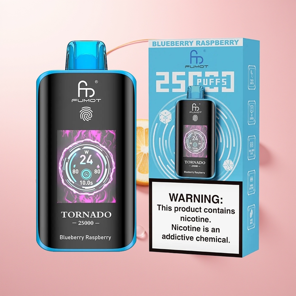 Fumot Tornado 25000 توت العليق الأزرق مع شاشة عالية الدقة وبطارية قابلة للشحن