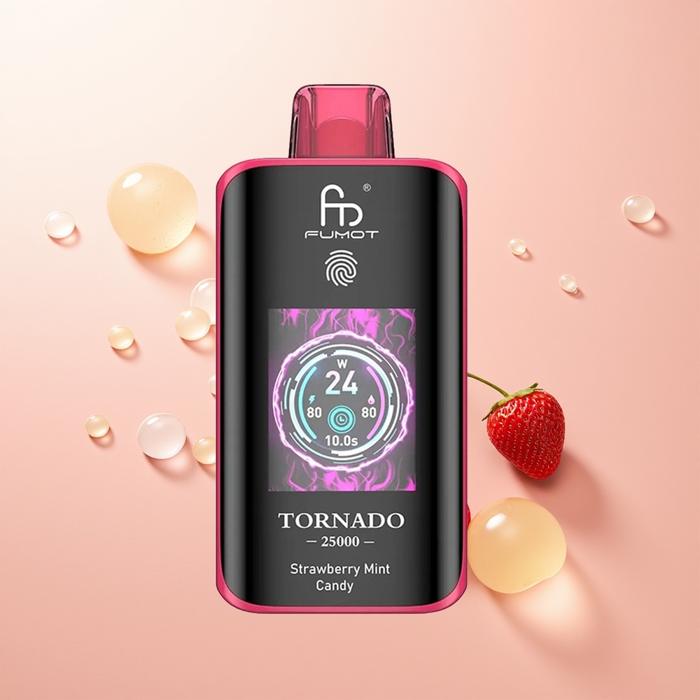 Fumot Tornado 25000 حلوى الفراولة بالنعناع مع شاشة عالية الدقة وبطارية قابلة لإعادة الشحن