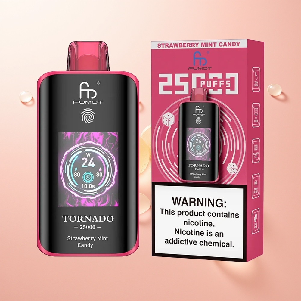 Fumot Tornado 25000 حلوى الفراولة بالنعناع مع شاشة عالية الدقة وبطارية قابلة لإعادة الشحن