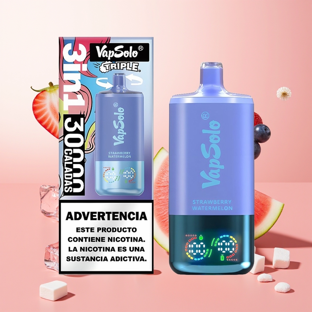 Vapsolo Triple 30000 فراولة بطيخ وتوت أزرق جليد مع 40 مل و 3 خزانات